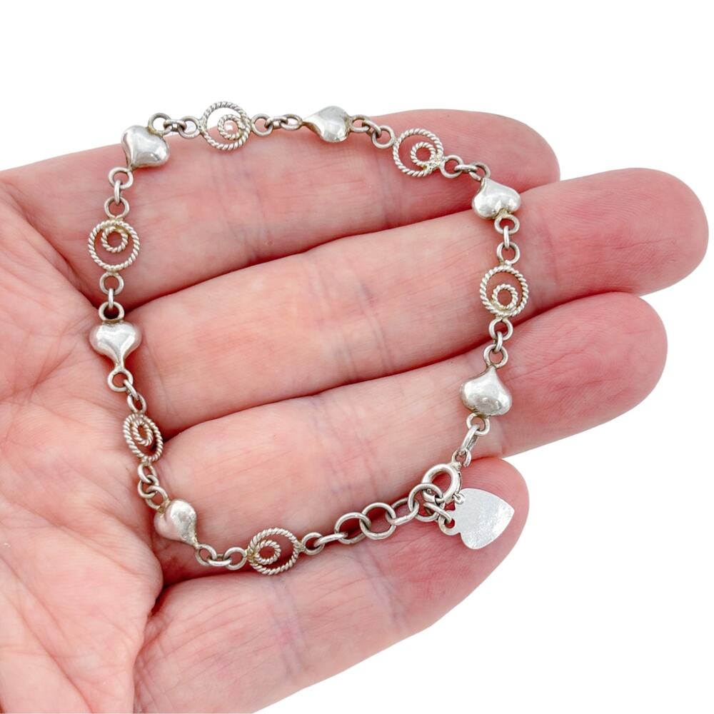 Vintage Sterling Silver 925 Puffy Heart Link Bracelet 7-7.5 inch